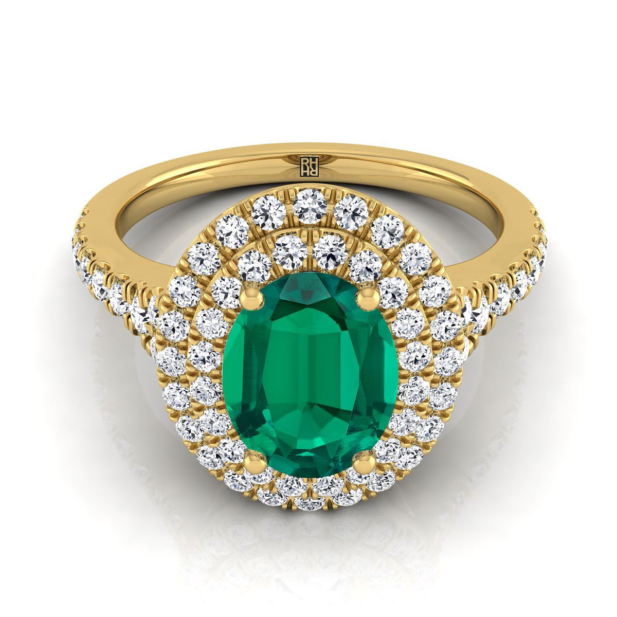14K Yellow Gold Oval Emerald Double Halo with Scalloped Pavé Diamond Engagement Ring -1/2ctw
