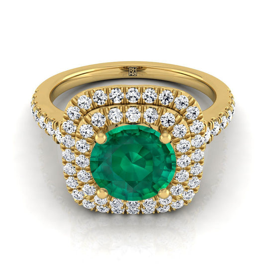 18K Yellow Gold Round Brilliant Emerald Double Halo with Scalloped Pavé Diamond Engagement Ring -1/2ctw