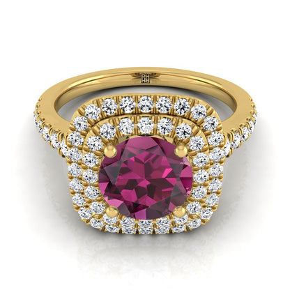 14K Yellow Gold Round Brilliant Garnet Double Halo with Scalloped Pavé Diamond Engagement Ring -1/2ctw