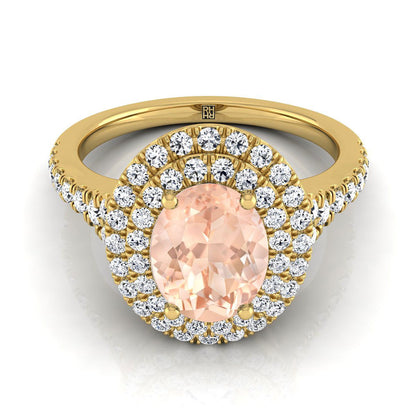 18K Yellow Gold Oval Morganite Double Halo with Scalloped Pavé Diamond Engagement Ring -1/2ctw