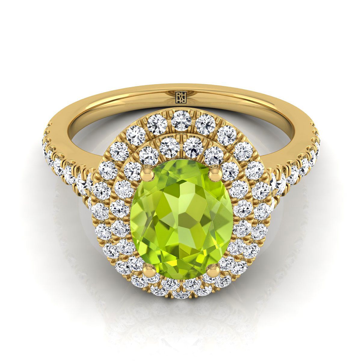 14K Yellow Gold Oval Peridot Double Halo with Scalloped Pavé Diamond Engagement Ring -1/2ctw