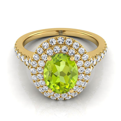 18K Yellow Gold Oval Peridot Double Halo with Scalloped Pavé Diamond Engagement Ring -1/2ctw