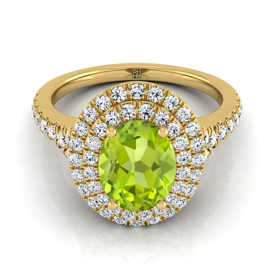 18K Yellow Gold Oval Peridot Double Halo with Scalloped Pavé Diamond Engagement Ring -1/2ctw