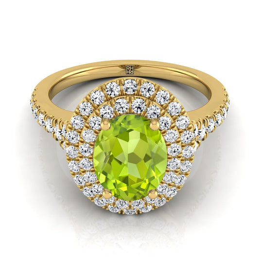 18K Yellow Gold Oval Peridot Double Halo with Scalloped Pavé Diamond Engagement Ring -1/2ctw