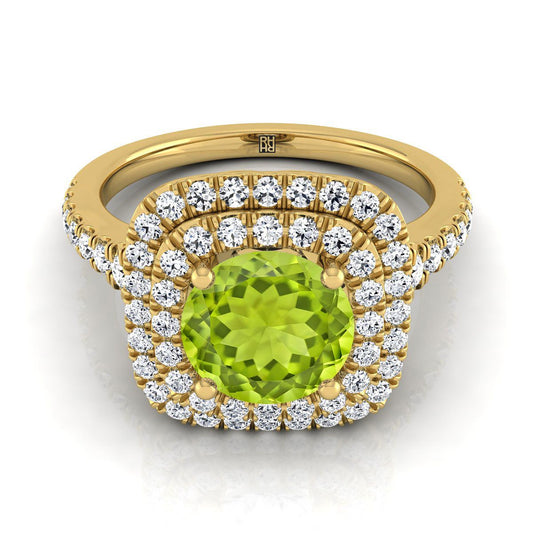 14K Yellow Gold Round Brilliant Peridot Double Halo with Scalloped Pavé Diamond Engagement Ring -1/2ctw