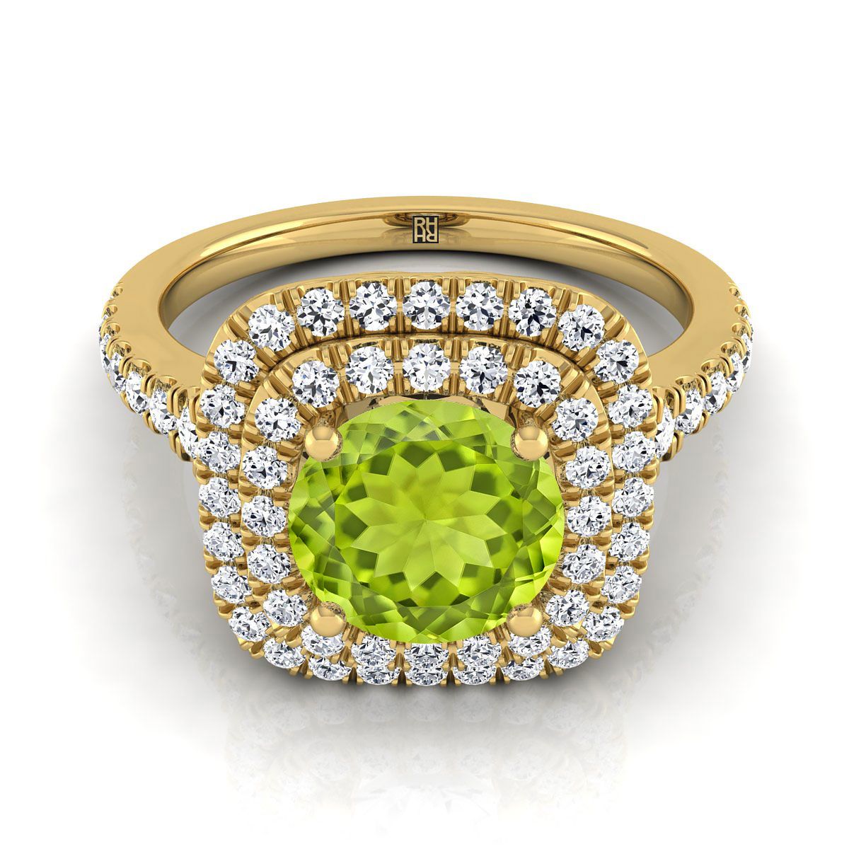 18K Yellow Gold Round Brilliant Peridot Double Halo with Scalloped Pavé Diamond Engagement Ring -1/2ctw