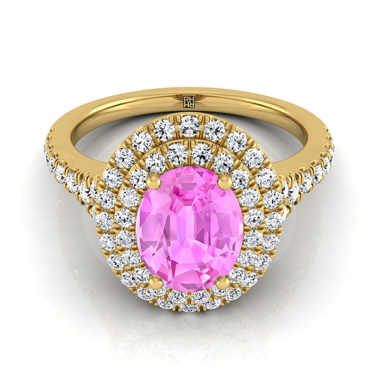 14K Yellow Gold Oval Pink Sapphire Double Halo with Scalloped Pavé Diamond Engagement Ring -1/2ctw
