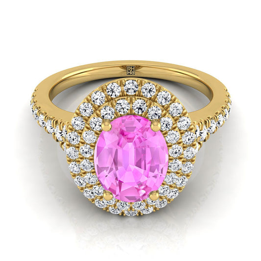18K Yellow Gold Oval Pink Sapphire Double Halo with Scalloped Pavé Diamond Engagement Ring -1/2ctw