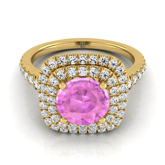 14K Yellow Gold Round Brilliant Pink Sapphire Double Halo with Scalloped Pavé Diamond Engagement Ring -1/2ctw
