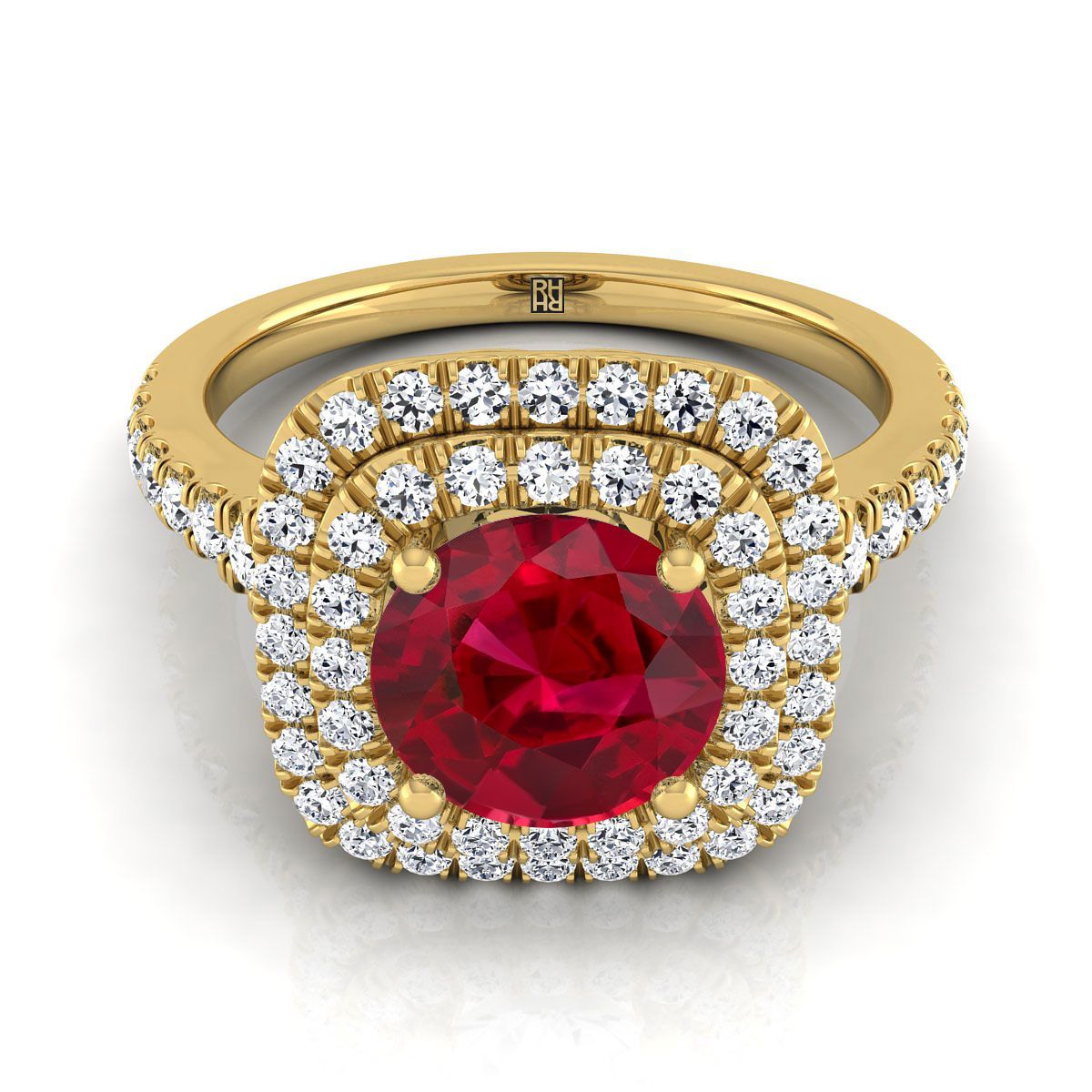 14K Yellow Gold Round Brilliant Ruby Double Halo with Scalloped Pavé Diamond Engagement Ring -1/2ctw