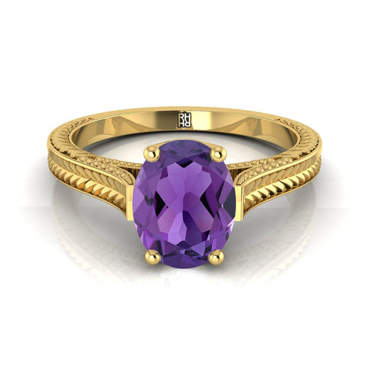 18K Yellow Gold Oval Amethyst Hand Engraved Vintage Cathedral Style Solitaire Engagement Ring