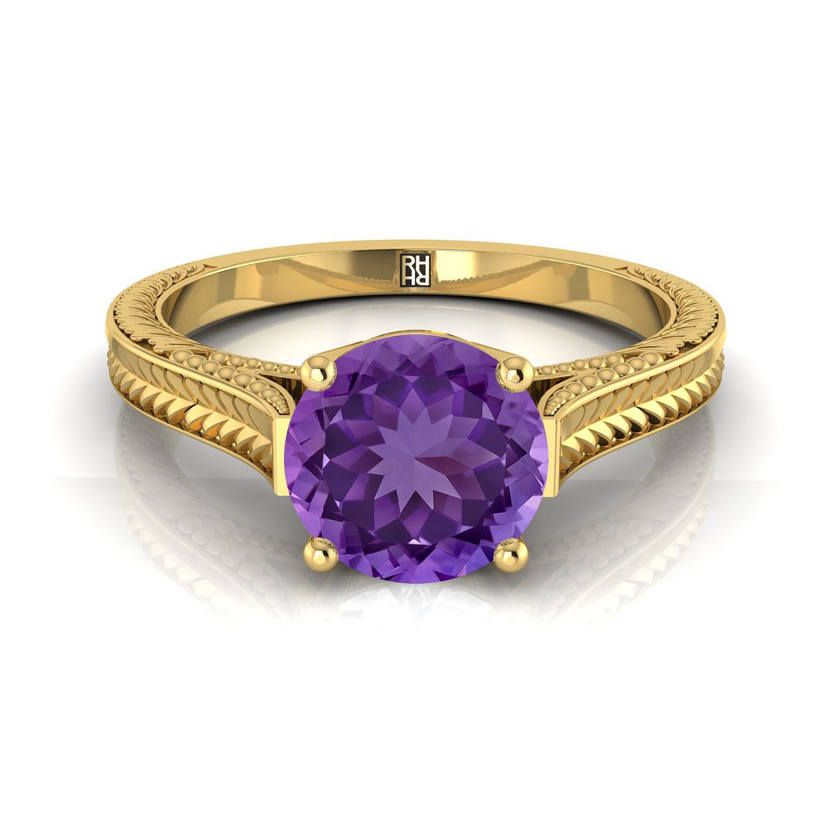 14K Yellow Gold Round Brilliant Amethyst Hand Engraved Vintage Cathedral Style Solitaire Engagement Ring