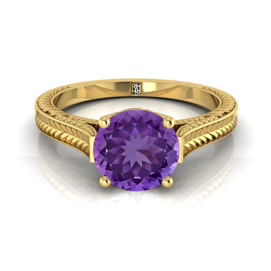 14K Yellow Gold Round Brilliant Amethyst Hand Engraved Vintage Cathedral Style Solitaire Engagement Ring
