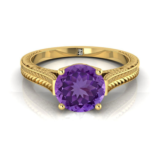 18K Yellow Gold Round Brilliant Amethyst Hand Engraved Vintage Cathedral Style Solitaire Engagement Ring