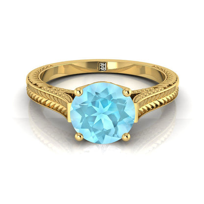 14K Yellow Gold Round Brilliant Aquamarine Hand Engraved Vintage Cathedral Style Solitaire Engagement Ring