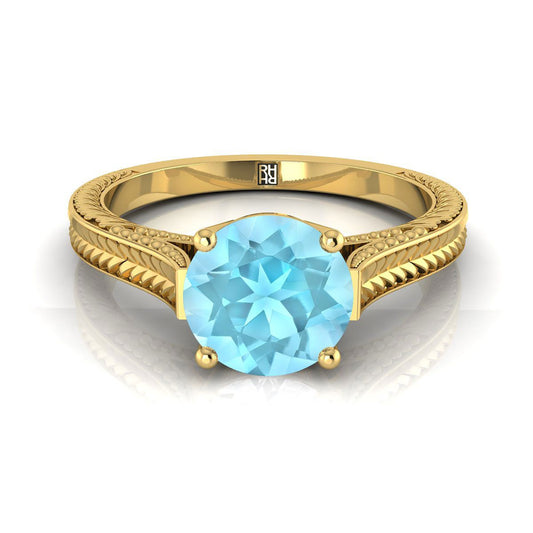 18K Yellow Gold Round Brilliant Aquamarine Hand Engraved Vintage Cathedral Style Solitaire Engagement Ring