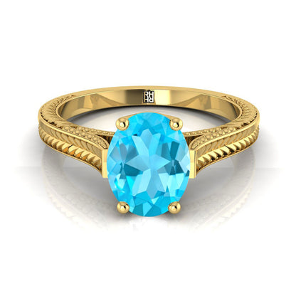 14K Yellow Gold Oval Swiss Blue Topaz Hand Engraved Vintage Cathedral Style Solitaire Engagement Ring