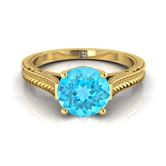 18K Yellow Gold Round Brilliant Swiss Blue Topaz Hand Engraved Vintage Cathedral Style Solitaire Engagement Ring