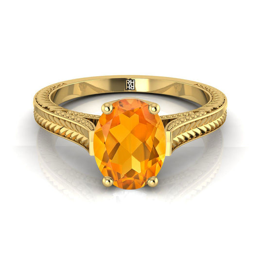 18K Yellow Gold Oval Citrine Hand Engraved Vintage Cathedral Style Solitaire Engagement Ring