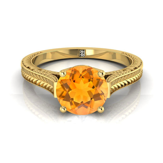 14K Yellow Gold Round Brilliant Citrine Hand Engraved Vintage Cathedral Style Solitaire Engagement Ring