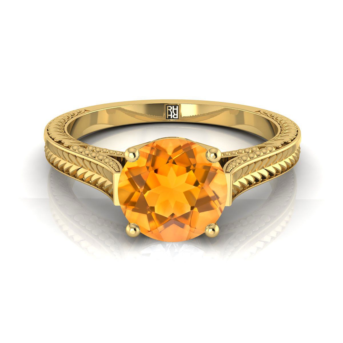 18K Yellow Gold Round Brilliant Citrine Hand Engraved Vintage Cathedral Style Solitaire Engagement Ring