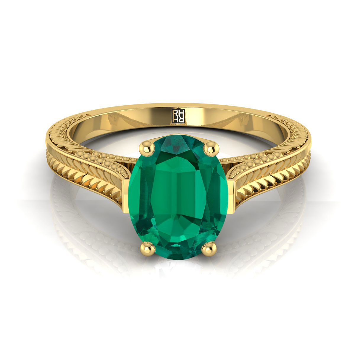 14K Yellow Gold Oval Emerald Hand Engraved Vintage Cathedral Style Solitaire Engagement Ring