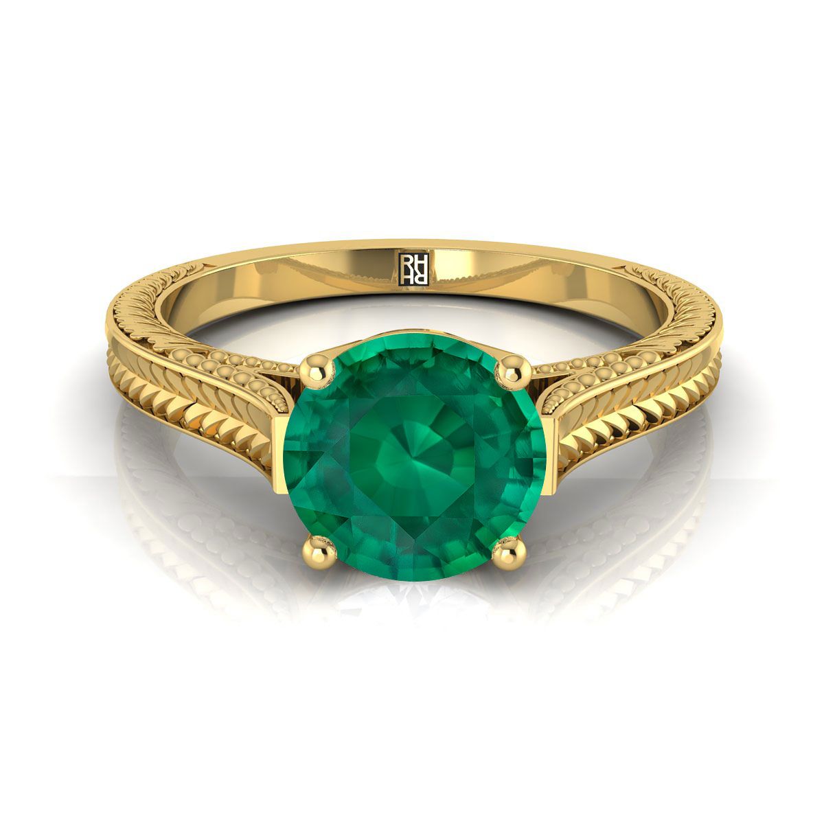 18K Yellow Gold Round Brilliant Emerald Hand Engraved Vintage Cathedral Style Solitaire Engagement Ring