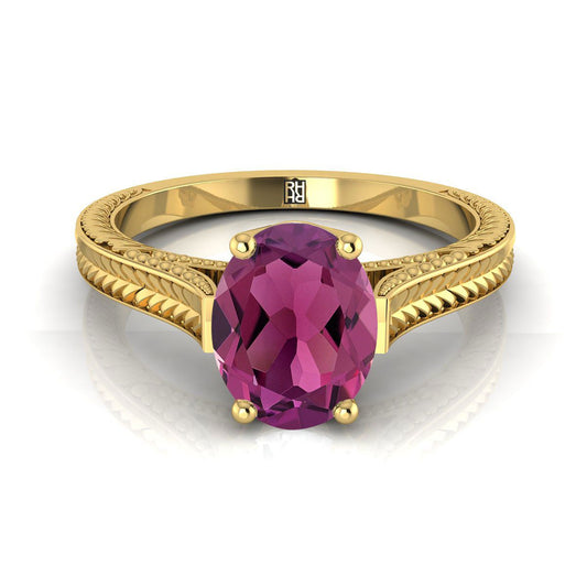 14K Yellow Gold Oval Garnet Hand Engraved Vintage Cathedral Style Solitaire Engagement Ring