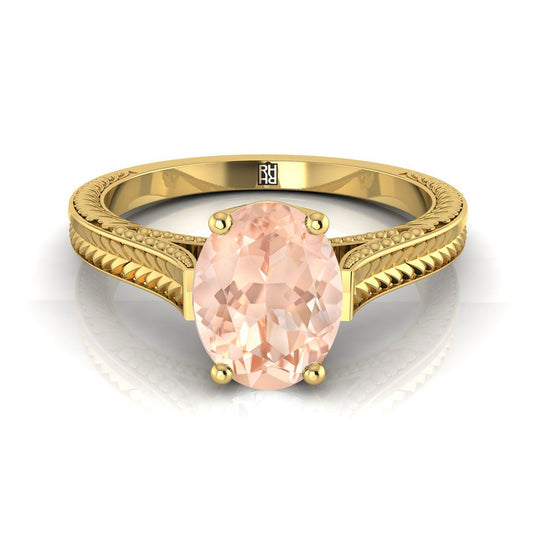 18K Yellow Gold Oval Morganite Hand Engraved Vintage Cathedral Style Solitaire Engagement Ring