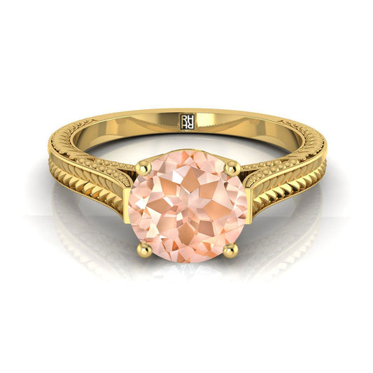 14K Yellow Gold Round Brilliant Morganite Hand Engraved Vintage Cathedral Style Solitaire Engagement Ring