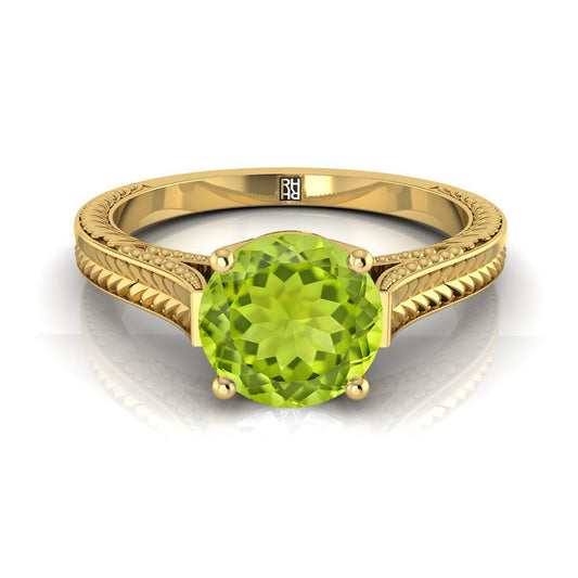 14K Yellow Gold Round Brilliant Peridot Hand Engraved Vintage Cathedral Style Solitaire Engagement Ring