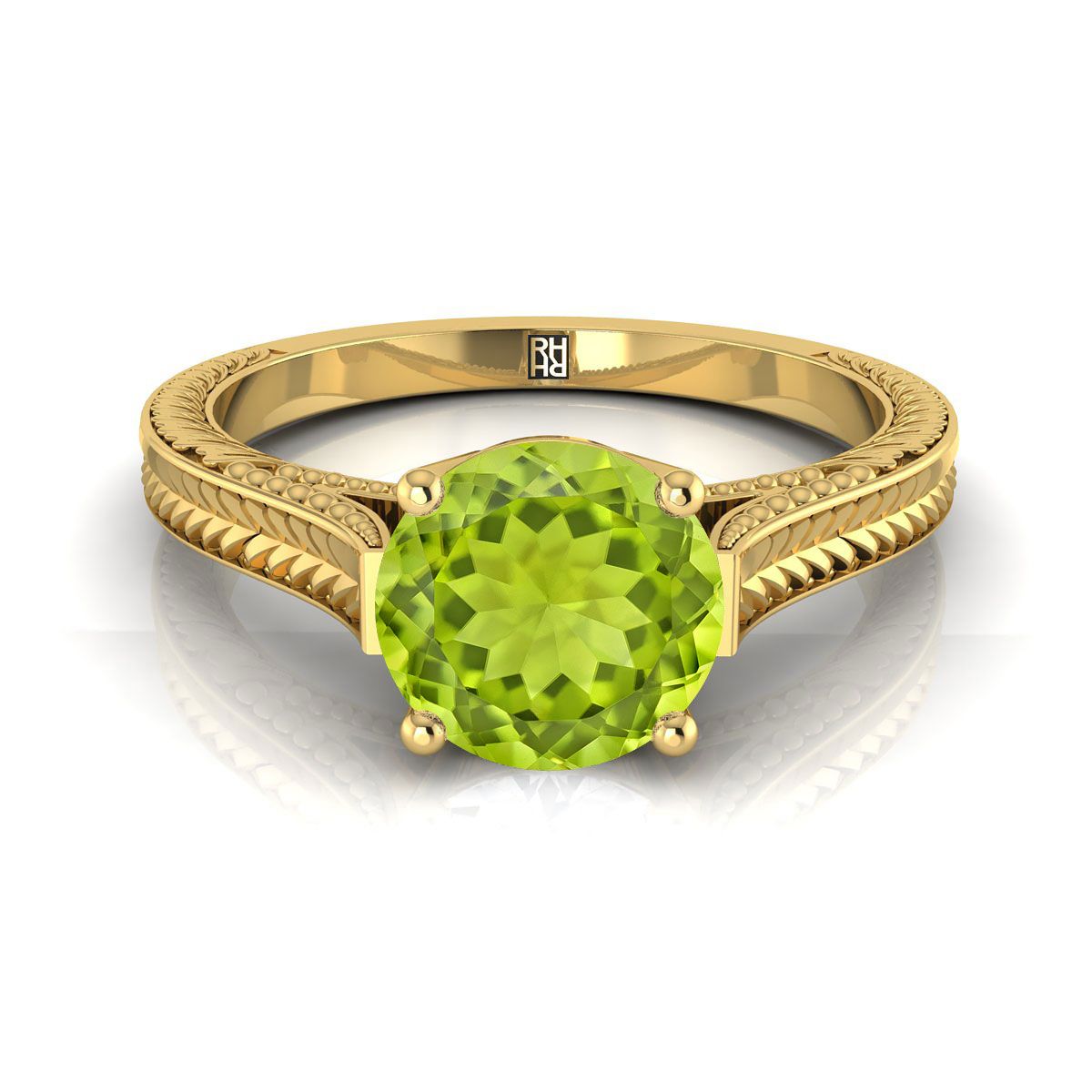 14K Yellow Gold Round Brilliant Peridot Hand Engraved Vintage Cathedral Style Solitaire Engagement Ring