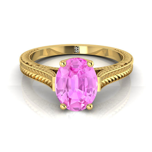 18K Yellow Gold Oval Pink Sapphire Hand Engraved Vintage Cathedral Style Solitaire Engagement Ring