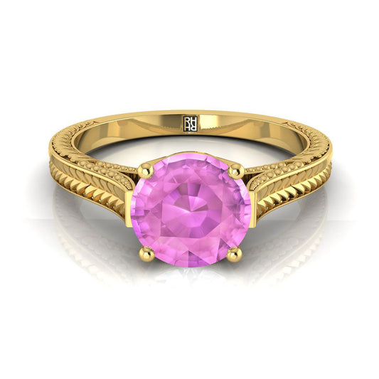 18K Yellow Gold Round Brilliant Pink Sapphire Hand Engraved Vintage Cathedral Style Solitaire Engagement Ring