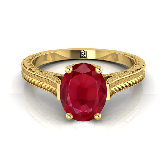 18K Yellow Gold Oval Ruby Hand Engraved Vintage Cathedral Style Solitaire Engagement Ring