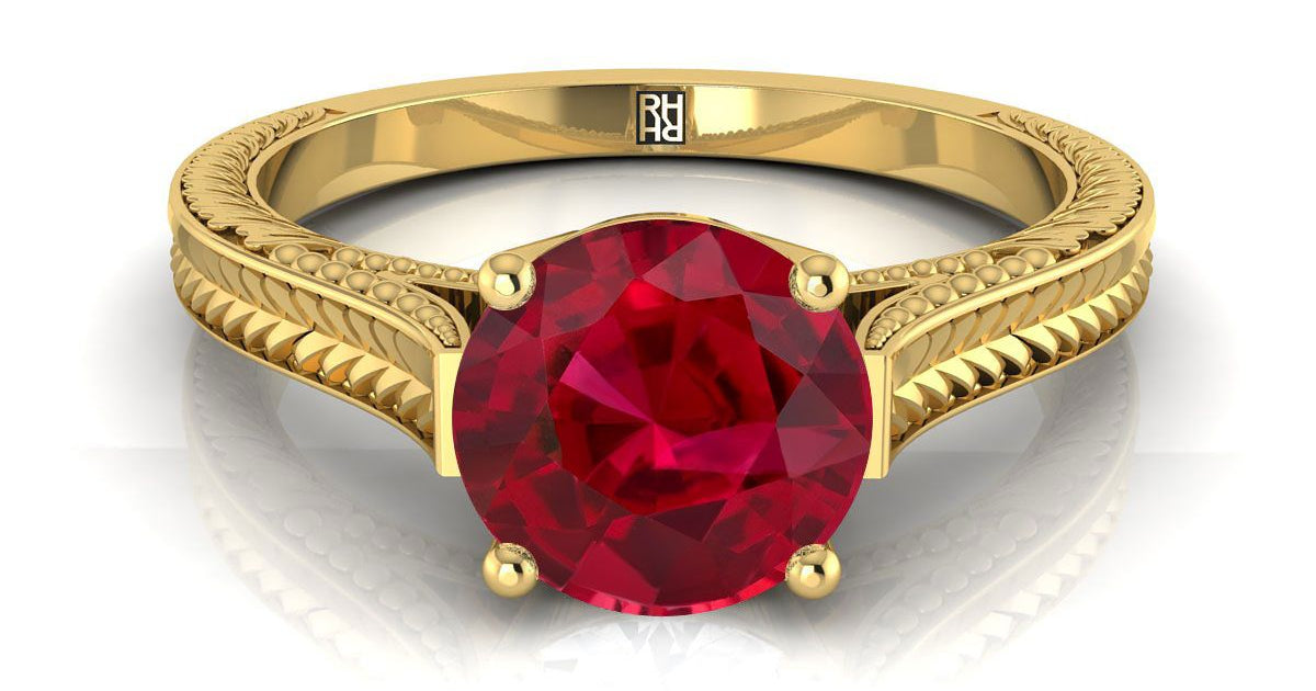 18K Yellow Gold Round Brilliant Ruby Hand Engraved Vintage Cathedral S