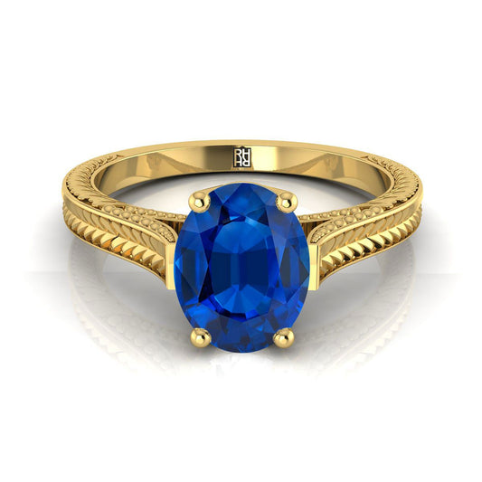 18K Yellow Gold Oval Sapphire Hand Engraved Vintage Cathedral Style Solitaire Engagement Ring