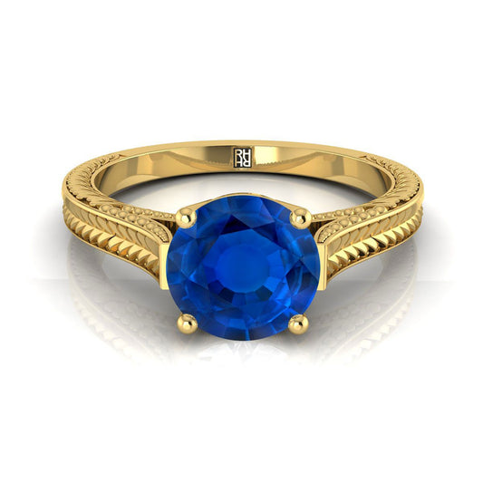 14K Yellow Gold Round Brilliant Sapphire Hand Engraved Vintage Cathedral Style Solitaire Engagement Ring