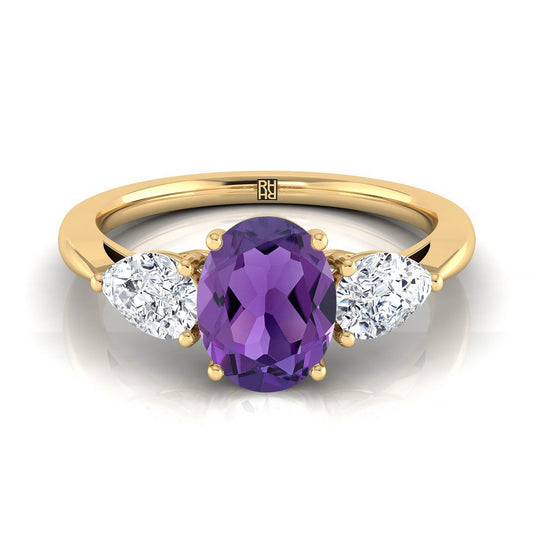 18K Yellow Gold Oval Amethyst Perfectly Matched Pear Shaped Three Diamond Engagement Ring -7/8ctw