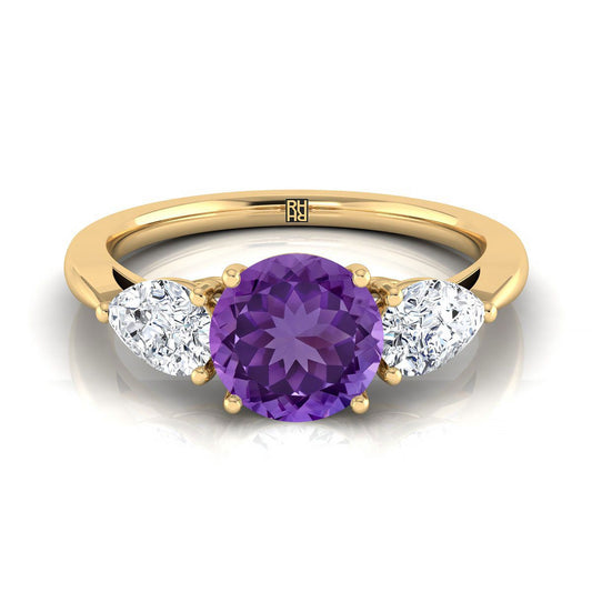 14K Yellow Gold Round Brilliant Amethyst Perfectly Matched Pear Shaped Three Diamond Engagement Ring -7/8ctw