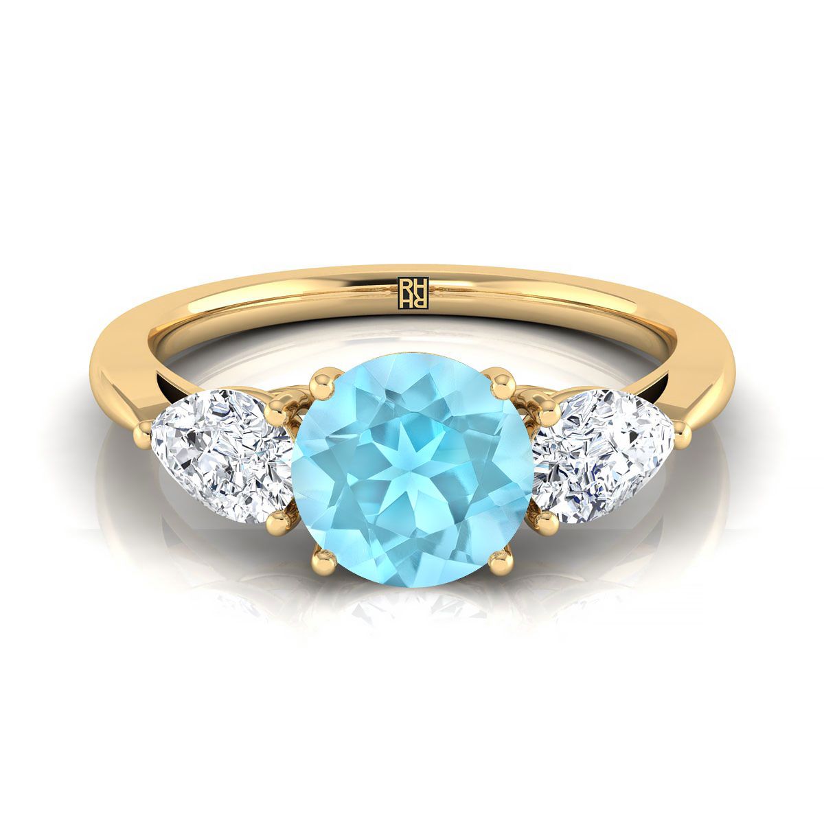 18K Yellow Gold Round Brilliant Aquamarine Perfectly Matched Pear Shaped Three Diamond Engagement Ring -7/8ctw