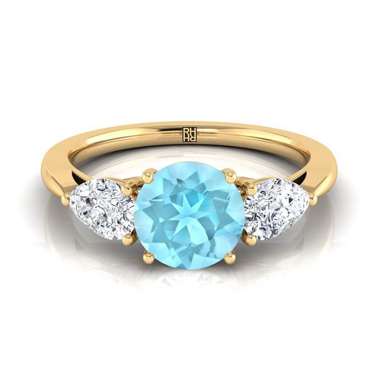 18K Yellow Gold Round Brilliant Aquamarine Perfectly Matched Pear Shaped Three Diamond Engagement Ring -7/8ctw