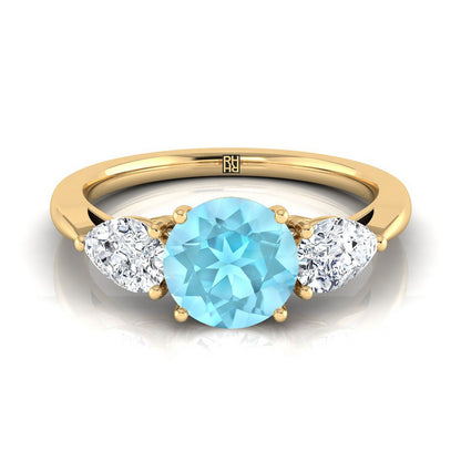 14K Yellow Gold Round Brilliant Aquamarine Perfectly Matched Pear Shaped Three Diamond Engagement Ring -7/8ctw