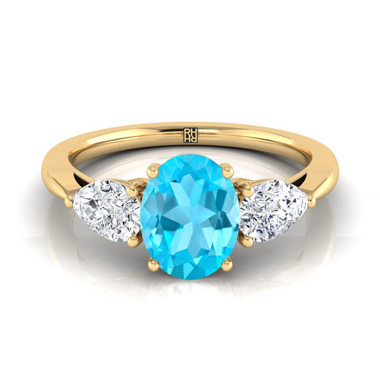 18K Yellow Gold Oval Swiss Blue Topaz Perfectly Matched Pear Shaped Three Diamond Engagement Ring -7/8ctw