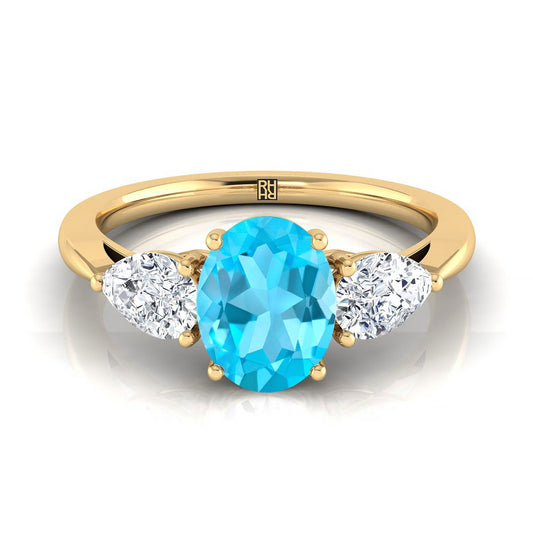 14K Yellow Gold Oval Swiss Blue Topaz Perfectly Matched Pear Shaped Three Diamond Engagement Ring -7/8ctw