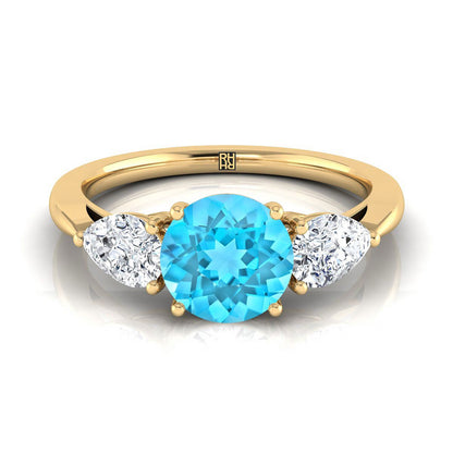 18K Yellow Gold Round Brilliant Swiss Blue Topaz Perfectly Matched Pear Shaped Three Diamond Engagement Ring -7/8ctw