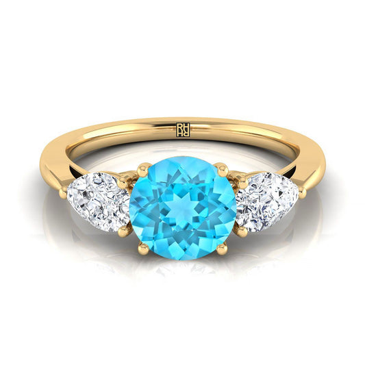14K Yellow Gold Round Brilliant Swiss Blue Topaz Perfectly Matched Pear Shaped Three Diamond Engagement Ring -7/8ctw