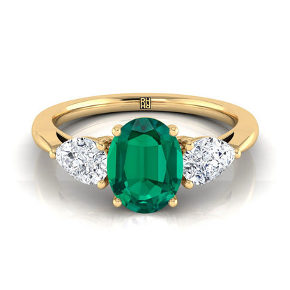 18K Yellow Gold Oval Emerald Perfectly Matched Pear Shaped Three Diamond Engagement Ring -7/8ctw