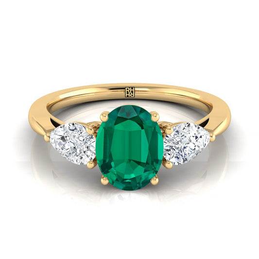 18K Yellow Gold Oval Emerald Perfectly Matched Pear Shaped Three Diamond Engagement Ring -7/8ctw