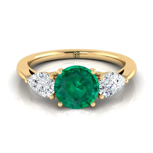 14K Yellow Gold Round Brilliant Emerald Perfectly Matched Pear Shaped Three Diamond Engagement Ring -7/8ctw